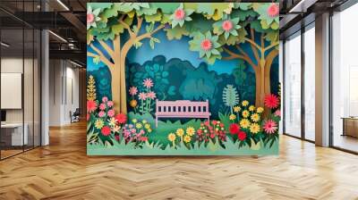 Serene Paper Cut Garden Scenes with Flowers Trees and Benches in Natural Landscape Wall mural