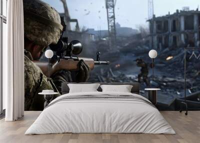 Soldier in military uniform aiming through the scope of a rifle with damaged city infrastructure and buildings visible in the background reflecting a scene of urban conflict and warfare Wall mural