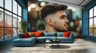 Stylish Man with Taper Fade Haircut Showcasing Grooming Expertise Wall mural