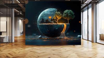 Stylized glowing mesh of Earth split in half with neon trees and rivers spilling out in a surreal futuristic 3D landscape Wall mural