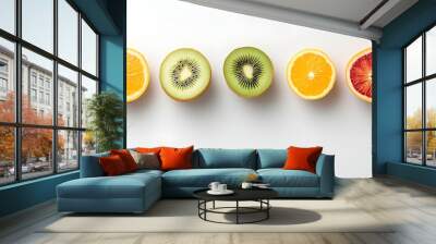 Symmetrical Arrangement of Six Vibrant Fruits on White Background Wall mural