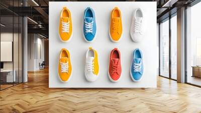 Vibrant Symmetrical Arrangement of Colorful Sneakers on Clean White Background Wall mural