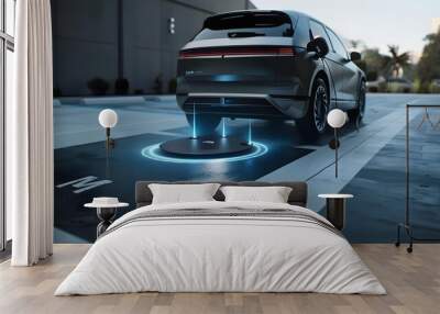 Wireless Charging Electric Vehicle Parked on Charging Pad Wall mural