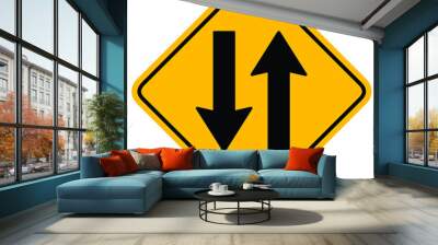 Signpost with arrow traffic sign in black on yellow background. warning or caution sign.  Wall mural