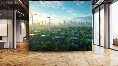 A scenic view of a green city with wind turbines and solar panels, showcasing sustainable energy sources and modern urban development. Wall mural