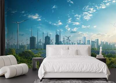 Futuristic eco-city with green energy solutions, wind turbines, and solar panels, integrating nature and technology under a vibrant blue sky. Wall mural