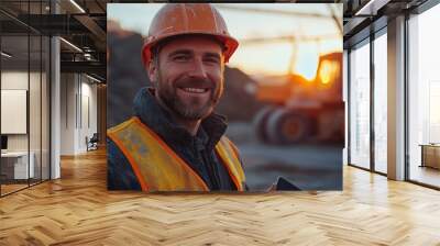 A smiling engineer wearing hard hat and safety vest stands confidently at construction site during sunset. warm glow of sun enhances positive atmosphere of scene Wall mural