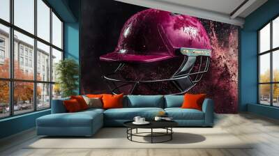 A vibrant cricket helmet splashes through cloud of color, showcasing its sleek design and protective features. image conveys sense of action and excitement. Wall mural