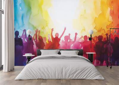 A vibrant watercolor illustration of an LGBT pride parade, with silhouettes of participants mingling and dancing under a sky painted in rainbow shades, evoking a sense of community and freedom Wall mural