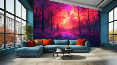 dreamlike forest with trees glowing in bright neon hues creates surreal atmosphere. vibrant colors and enchanting light evoke sense of wonder and tranquility Wall mural