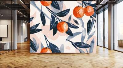 A vibrant pattern featuring orange fruits and leaves, ideal for textiles or wallpaper design. Wall mural