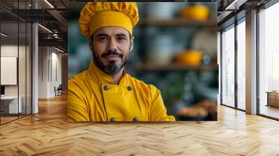 Professional Chef in Marigold Yellow Uniform on Plain Background Wall mural