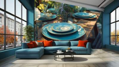 Table with elegant blue modern dining sets Wall mural