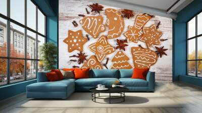 Fresh baked decorated gingerbread or festive cookies, Christmas time concept Wall mural