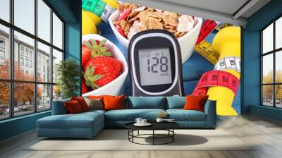 Glucometer with sugar level, healthy food, dumbbells and centimeter, diabetes, healthy and sporty lifestyle Wall mural