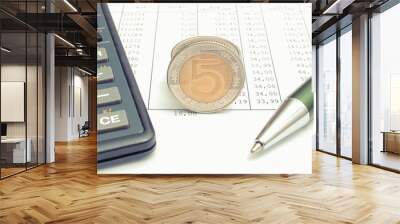 Money, pen and calculator lying on spreadsheet. Finance and business concept Wall mural