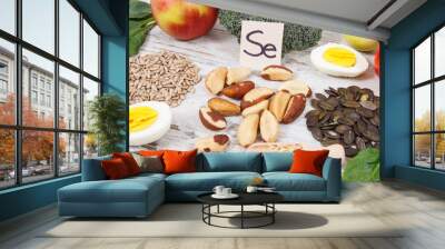 Products and ingredients containing selenium, minerals and dietary fiber, healthy nutrition concept Wall mural