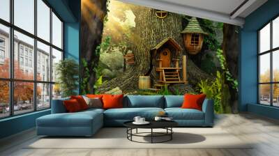 Enchanting fairy tree home inside an old white oak Wall mural