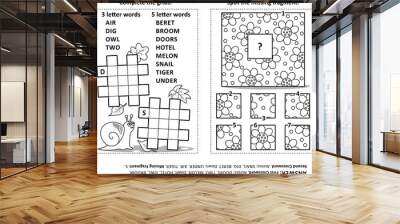 Activity page with two puzzles. Fill-in crossword puzzle or word game. Spot the missing fragment of the floral pattern. Black and white. Answers included.
 Wall mural