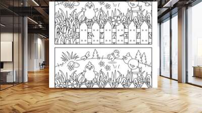 Chicks and butterflies find 10 differences picture puzzle and coloring page with fence, grass and wildflowers
 Wall mural