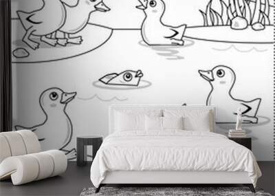 Spring or summer joy themed coloring page with ducklings at the pond. Wall mural