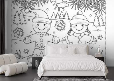 This is coloring page with gingerbread man and gingerbread girl walking in outdoor winter scene.
 Wall mural