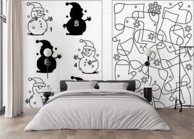 Two visual puzzles and coloring page for kids. Find the shadow for each picture of snowman. Count the mittens. Black and white. Answers included. Wall mural