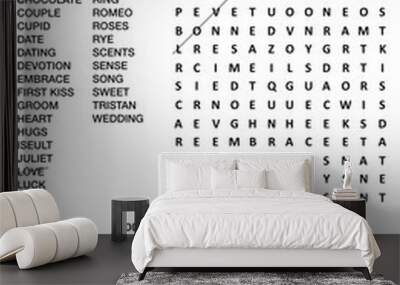 Valentine's Day, love, wedding, romantic, etc., themed word search puzzle (English language). Black and white. Answer included.
 Wall mural