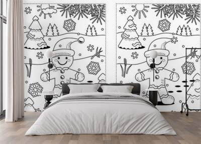 Winter holidays, Christmas or New Year themed find the ten differences picture puzzle and coloring page with gingerbread man cookie.
 Wall mural