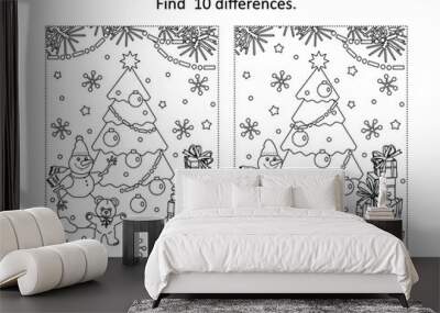 Winter holidays, New Year or Christmas themed find the ten differences picture puzzle and coloring page with christmas tree, teddy bear, snowman, gift boxes Wall mural