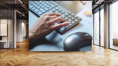 The hand of Asian woman is press, typing on keyboard 2 language is Thai and English of computer. Maybe preparation about information to report, chat to lover or shopping on line by connect to internet Wall mural