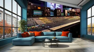 A modern audio mixing console in a music studio, showcasing advanced controls and equipment for sound production. Wall mural