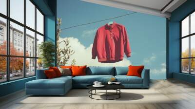 Red Sweater Hanging Against Blue Sky and Clouds Wall mural