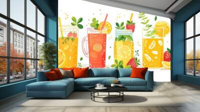 A set of vegetarian food and drinks illustrations, depicted in a modern flat style, featuring colored illustrations of orange punch, strawberry lemonade, a honey bowl, and a smoothie jar on a white Wall mural