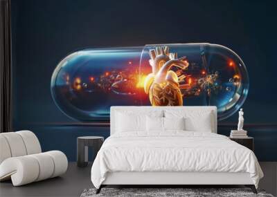 A transparent capsule pill with a human heart inside is illustrated highlighting the concept of cardiology or heart disease treatment. Wall mural