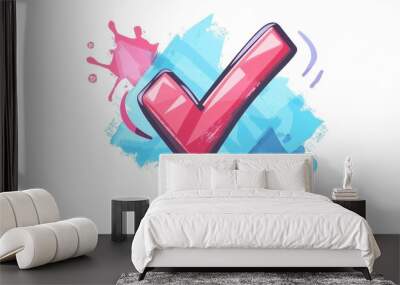 Comic-style check mark icon with a confirm button in a cartoon 2D illustration set against a white background with a splash effect to convey a business concept of acceptance. Wall mural