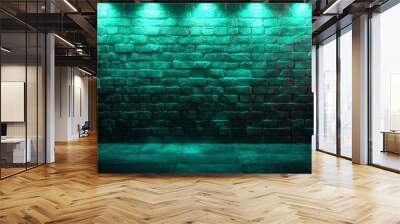 Cyberpunk Brick Wall with Green Neon Light Illumination - Futuristic Urban Background with Copy Space for Text Wall mural