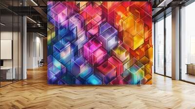 Geometric multicolored polygons create an abstract background offering a vibrant and visually stimulating design for various uses. Wall mural