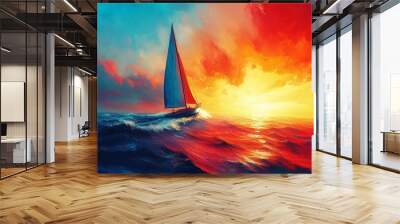 Sailing into the Unknown: Colorful AI-Generated Sailboat Journey on the Ocean with Copy Space for Text Wall mural