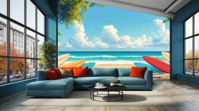 Serene Beach Scene with Colorful Surfboards Resting on the Sand, Sea and Sky Background Wall mural