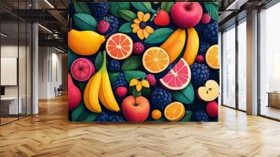 Vibrant Fruits Collection: Lively and Modern Illustration Set of Bananas, Apples, Pears, and More Wall mural