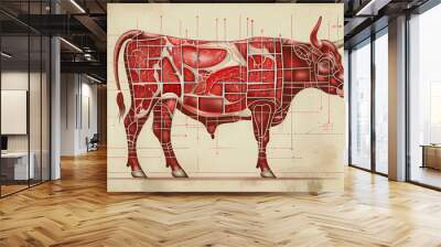 An educational drawing of a cow, segmented to show various beef cuts, crafted with the detail. Wall mural