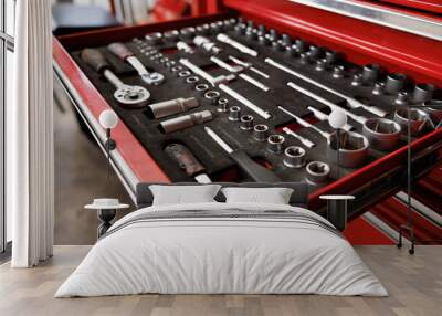 car service tools in tray of the red steel suitcase. Mechanic, equipment in garage Concept. Wall mural