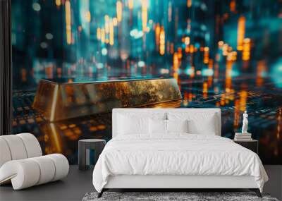 double exposure image featuring a gold bar blended with an all-time high price chart, capturing the essence of market highs Wall mural