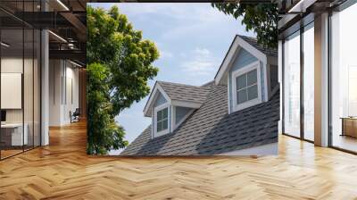 Roof shingles with garret house on top of the house among a lot of trees. dark asphalt tiles on the roof background Wall mural