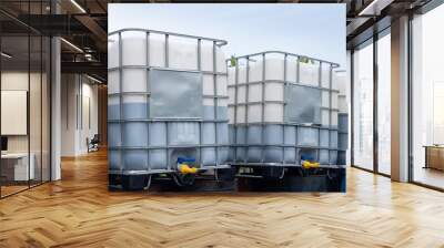 white ibc container in outdoor stock yard of factory, white plastic chemical tanks. Wall mural