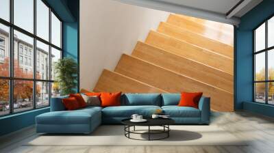 wooden stair step with white wall background. Wall mural