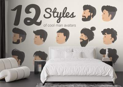 Set of cute modern man side view avatars, flat design characters,12 cool men side view faces with various hairstyles, modern and different types of attractive guys Wall mural