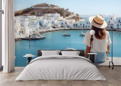 A beautiful tourist woman enjoys the view to the traditional on Santorini Island (Greece) generated by AI. Wall mural