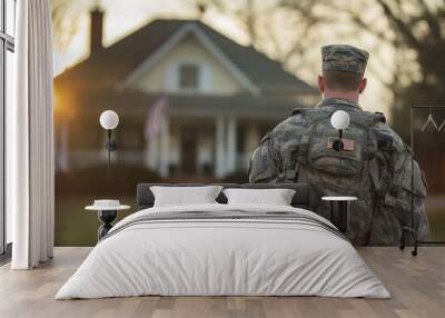 Back view of US soldier coming back home from the military, American serviceman. Wall mural